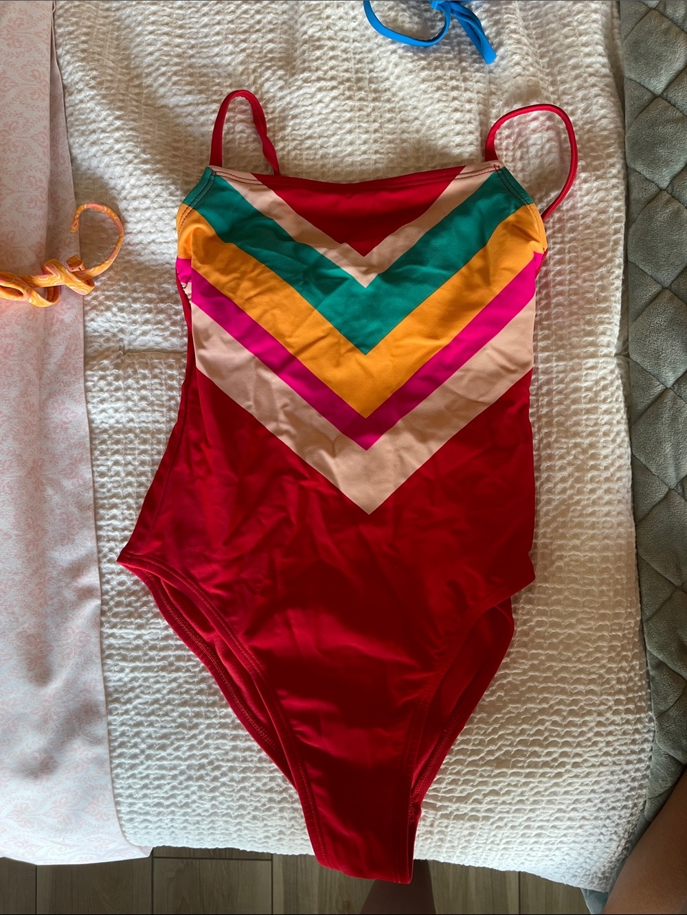 Target Red One-Piece Swimsuit with Multicolor Chevron Stripes